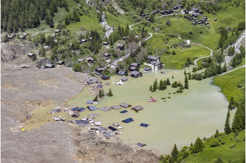 An aerial view shows the destruction of Blatten, Switzerland, Thursday, May 29, 2025, one day after a massive debris avalanche, triggered by the collapse of the Birch Glacier, swept down to the valley floor and demolished large parts of the village. Credit: Jean-Christophe Bott/Keystone via AP Swiss glacier collapse renews focus on risks of climate change as glaciers retreat around the world