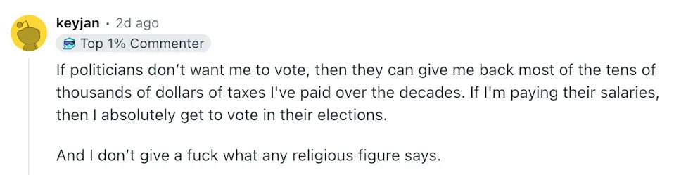 Comment expressing frustration about political influence on voting rights and dismissing religious figures' opinions