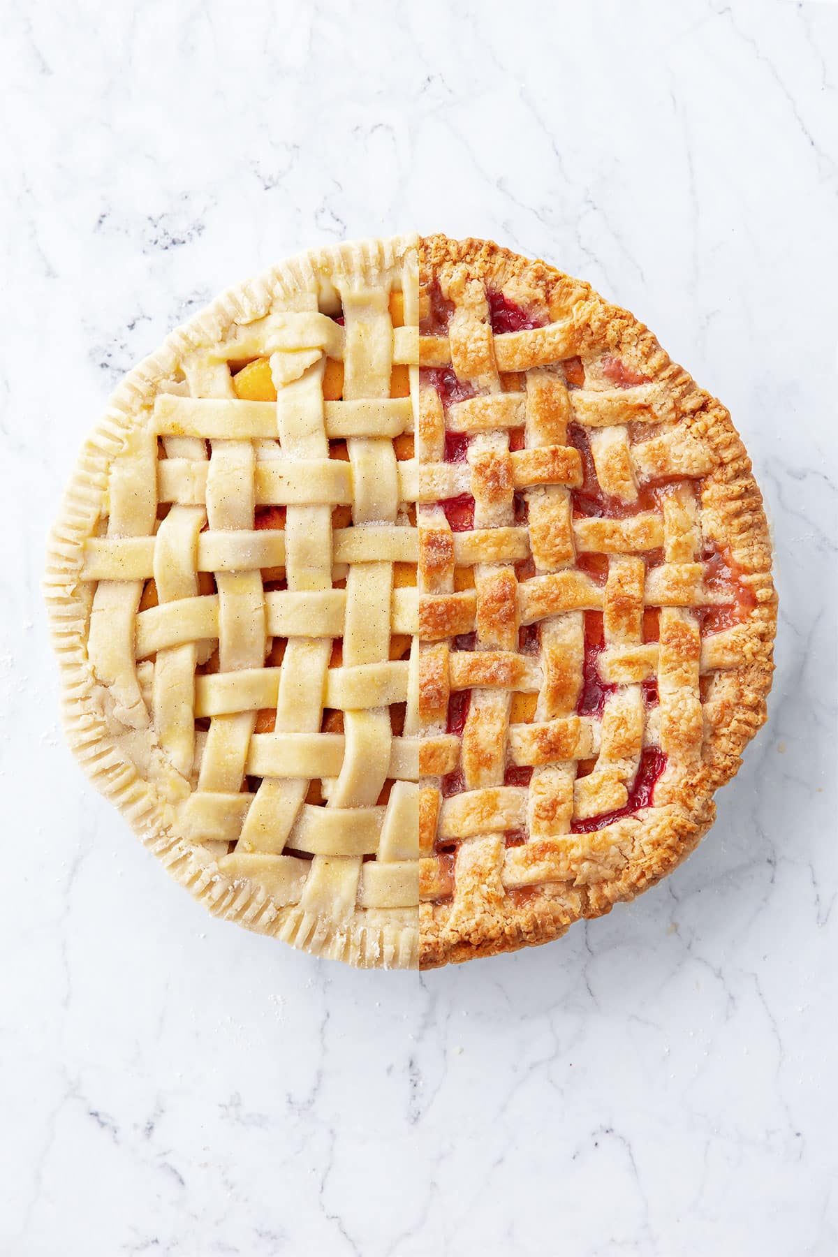 Split screen showing peach pie before and after baking.