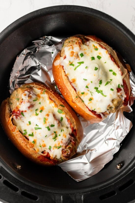 Air Fryer Meatball Subs in the air fryer basket